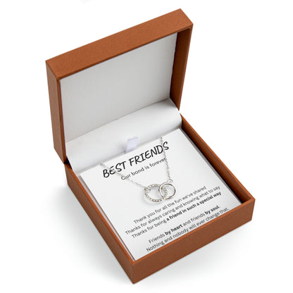 interlocking circles silver necklace with message card for best friends inside brown leather jewelry box